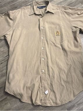 Ralph Lauren Tan Button-Down Shirt with Embroidered Crest Vintage Late 80s